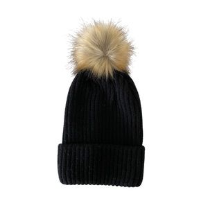 Merino Wool Fur Pom Pom Beanie - Black